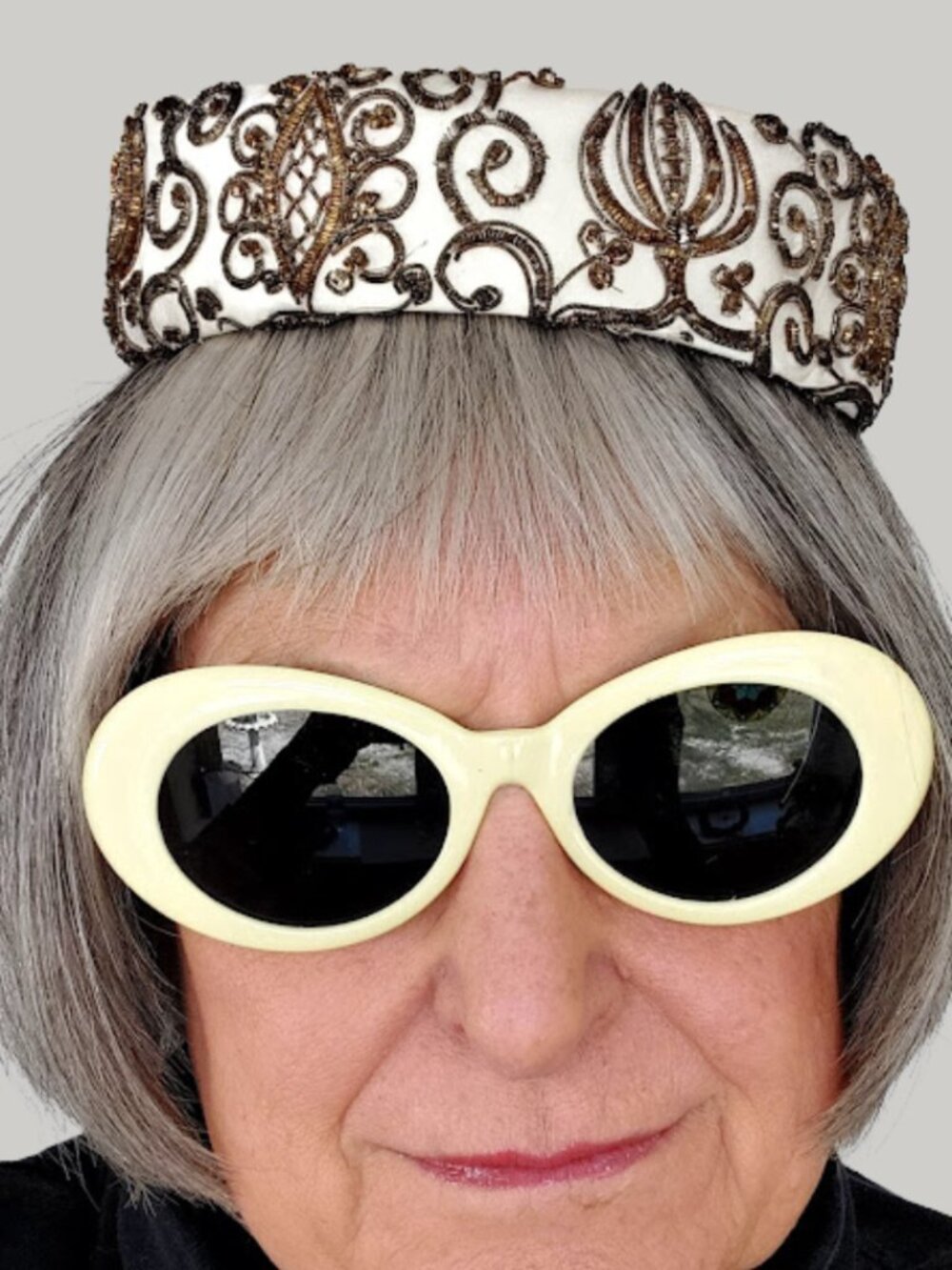 Elegant Vintage White Satin Caplet Hat with Gold Beadwork